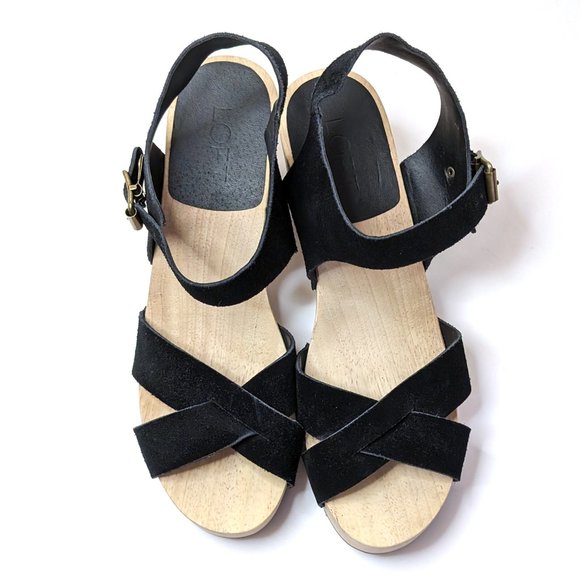 Loft Black Suede Ankle Strap Open Toe Chunky Wooden Sandals Women's Size 10M - Picture 3 of 6